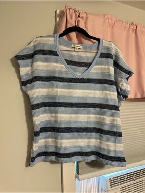 Francesca’s V-Neck Striped Knit Top - Light Blue/White